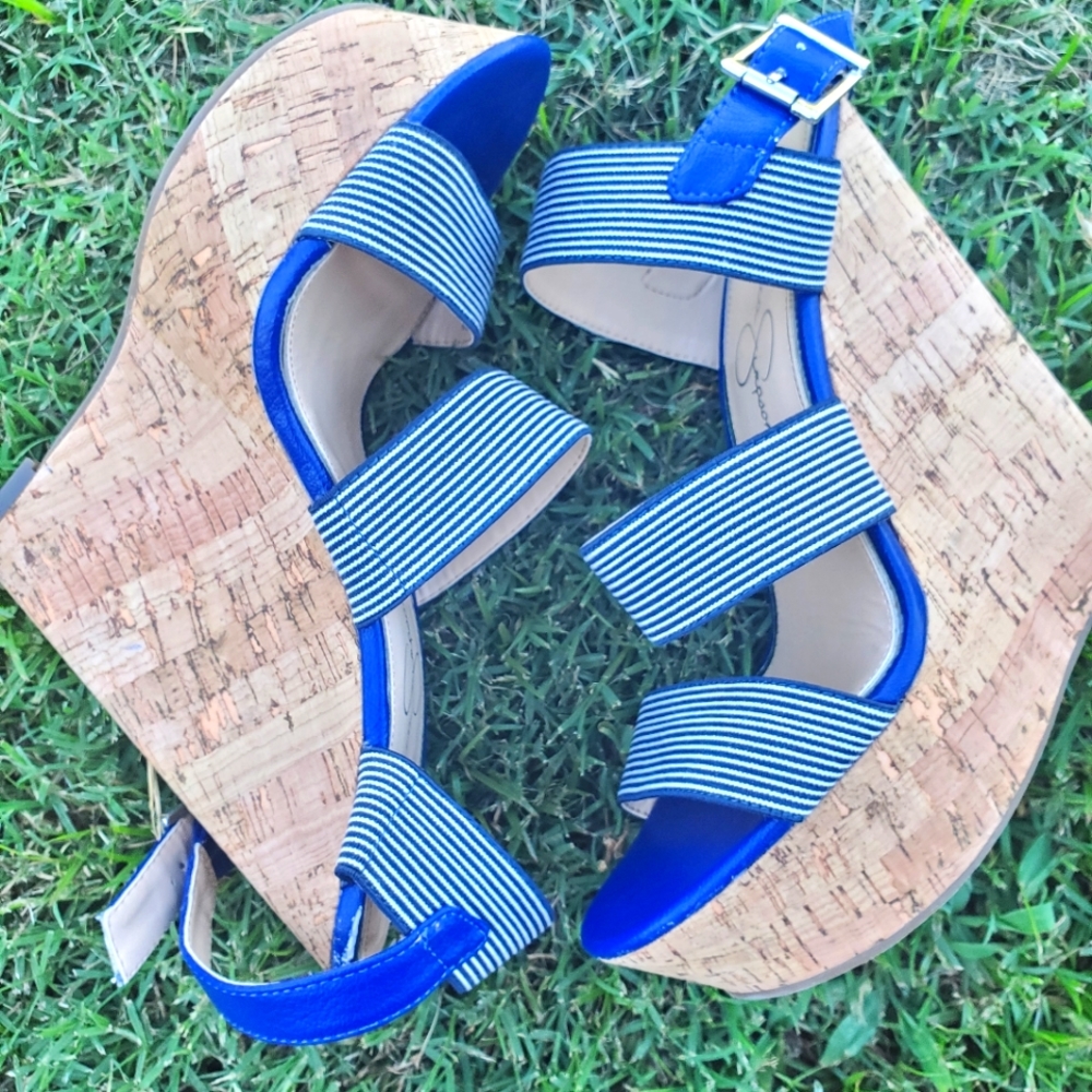 Jessica Simpson navy and white wedges